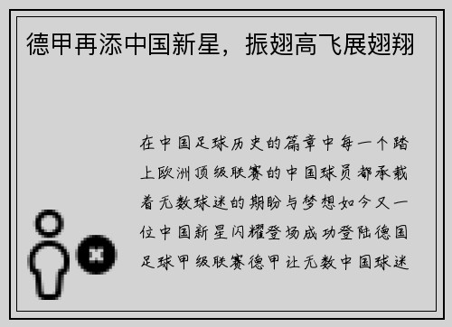 德甲再添中国新星，振翅高飞展翅翔